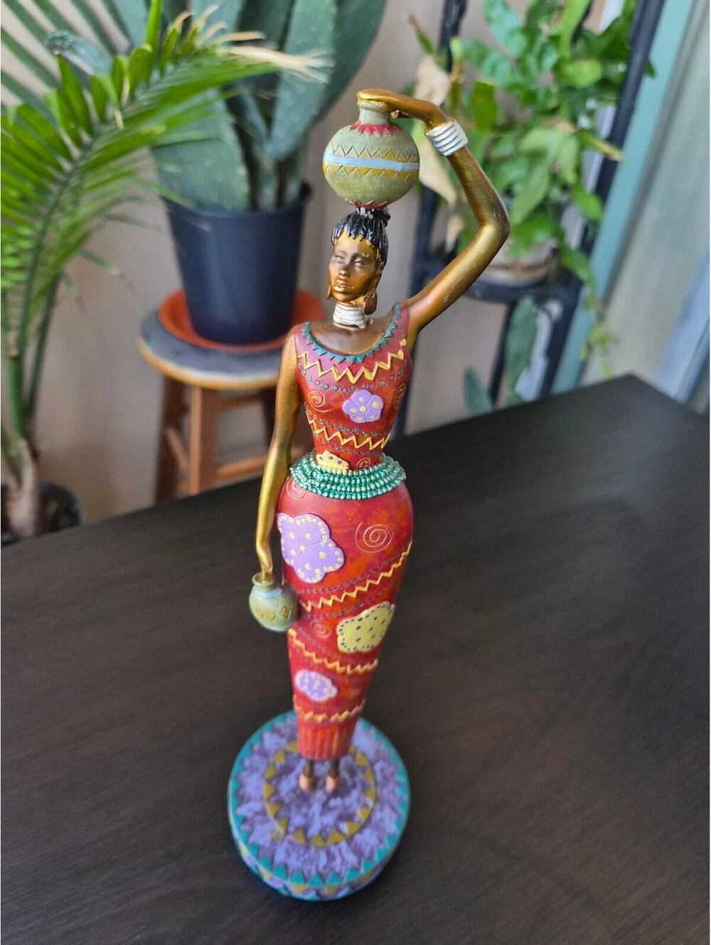 African Woman Water Carrier Figurine Hand Painted Tribal Art Statue